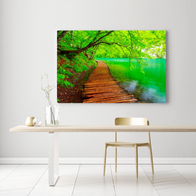 Obraz na płótnie spokojny zielony pomost nad jeziorem – Wallissimo® Obraz na płótnie spokojny zielony pomost nad jeziorem – Wallissimo®