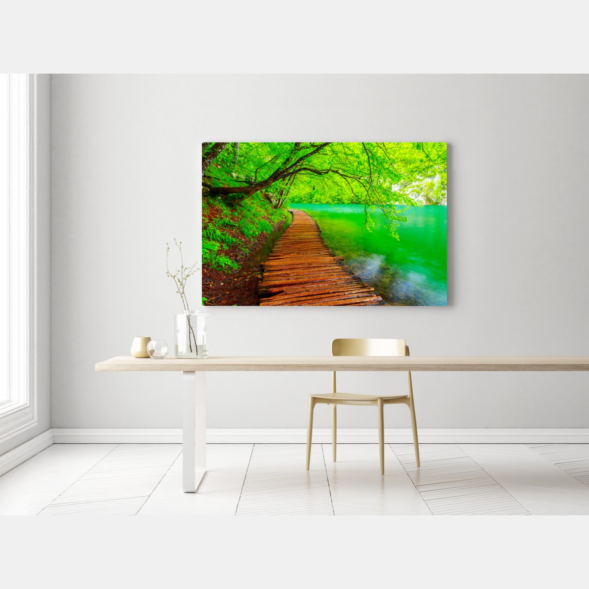 Obraz na płótnie spokojny zielony pomost nad jeziorem – Wallissimo® Obraz na płótnie spokojny zielony pomost nad jeziorem – Wallissimo®