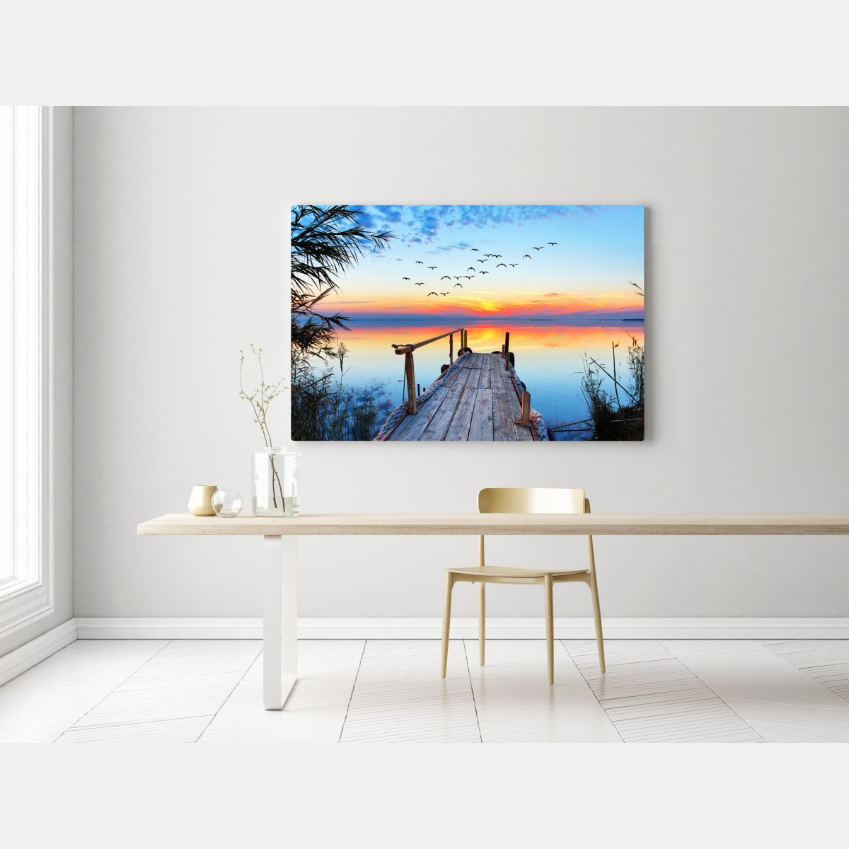 Obraz na płótnie pomost o zachodzie słońca nad jeziorem – Wallissimo® Obraz na płótnie pomost o zachodzie słońca nad jeziorem – Wallissimo®