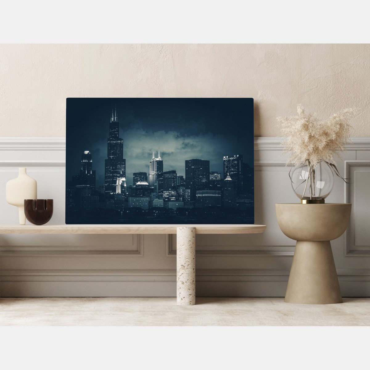 Obraz na płótnie Chicago panorama miasta w głębokich niebieskich tonach – Wallissimo® Obraz na płótnie Chicago panorama miasta w głębokich niebieskich tonach – Wallissimo®