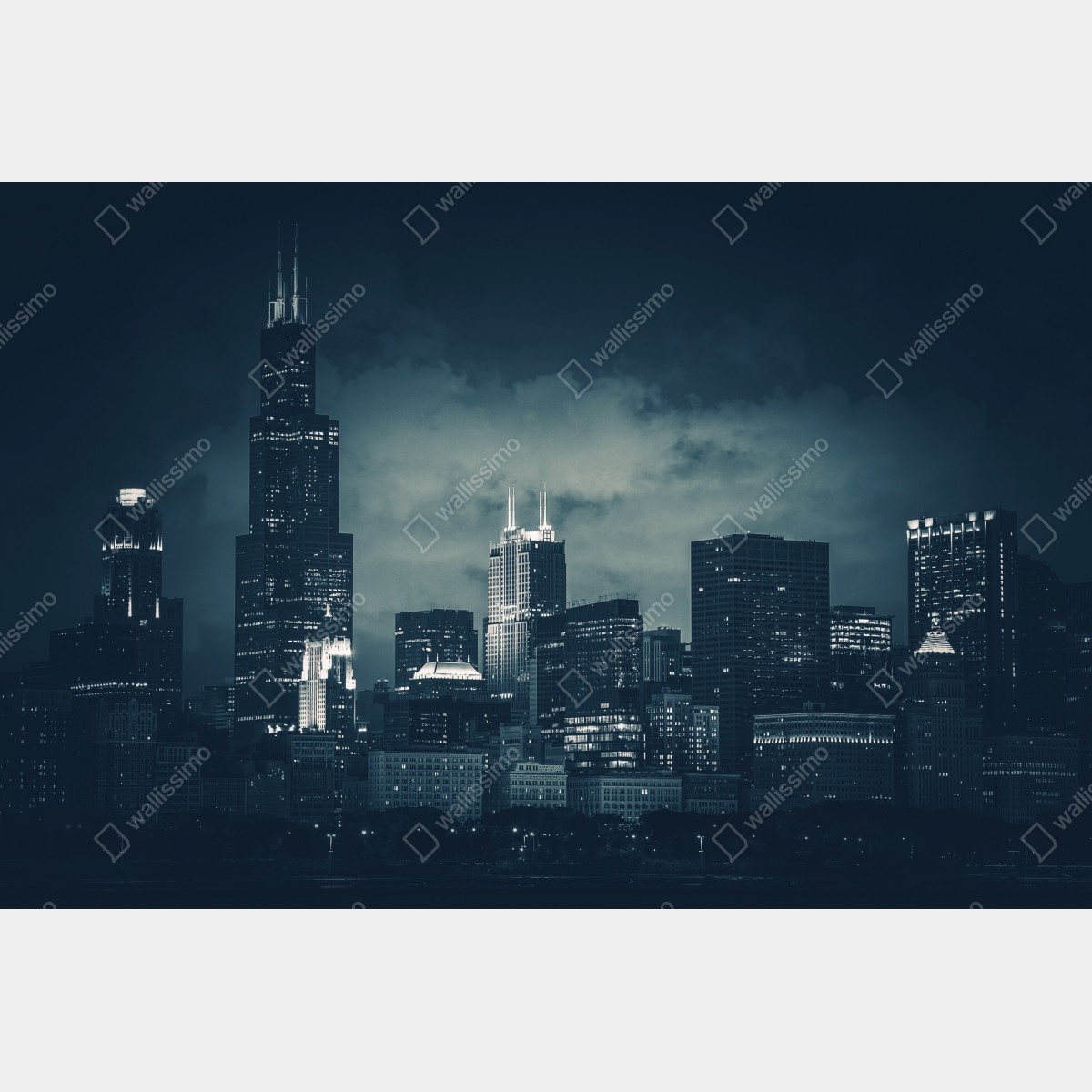 Obraz na płótnie Chicago panorama miasta w głębokich niebieskich tonach – Wallissimo® Obraz na płótnie Chicago panorama miasta w głębokich niebieskich tonach – Wallissimo®