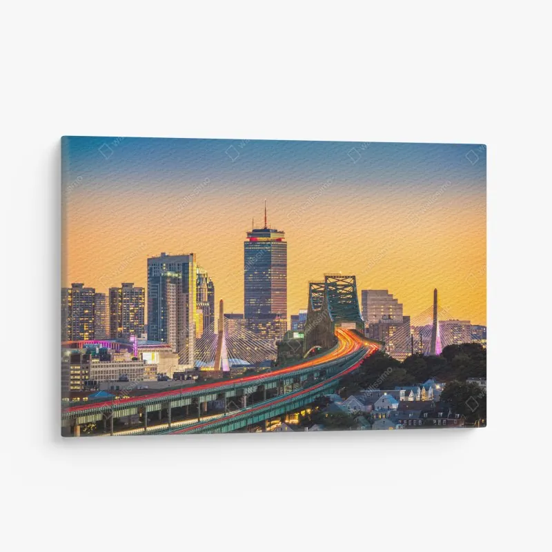 Obraz na płótnie panorama Bostonu o zachodzie słońca z mostami Zakim i Tobin
