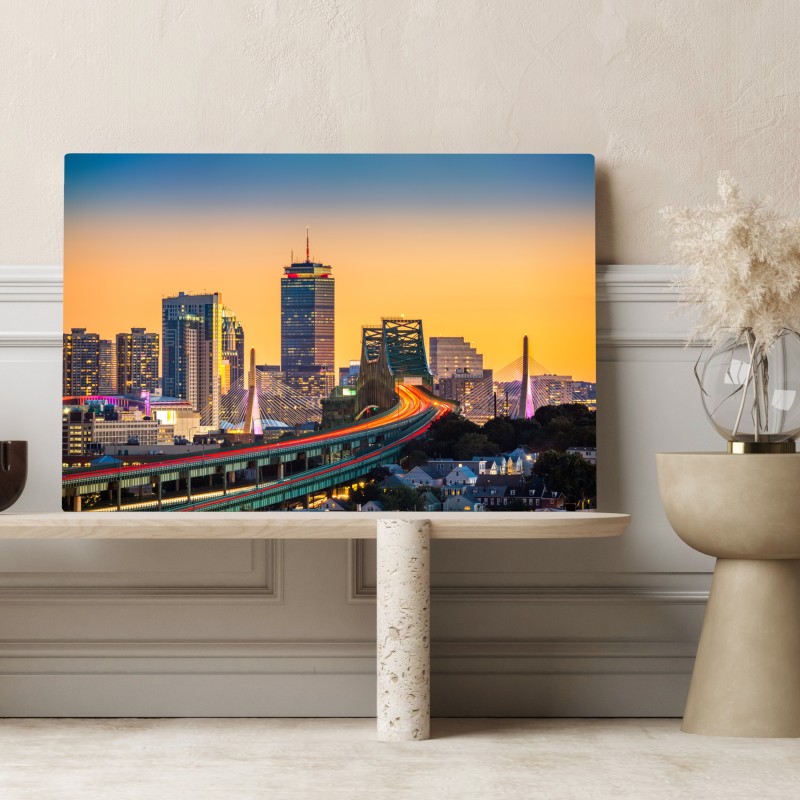 Obraz na płótnie panorama Bostonu o zachodzie słońca z mostami Zakim i Tobin – Wallissimo® Obraz na płótnie panorama Bostonu o zachodzie słońca z mostami Zakim i Tobin – Wallissimo®