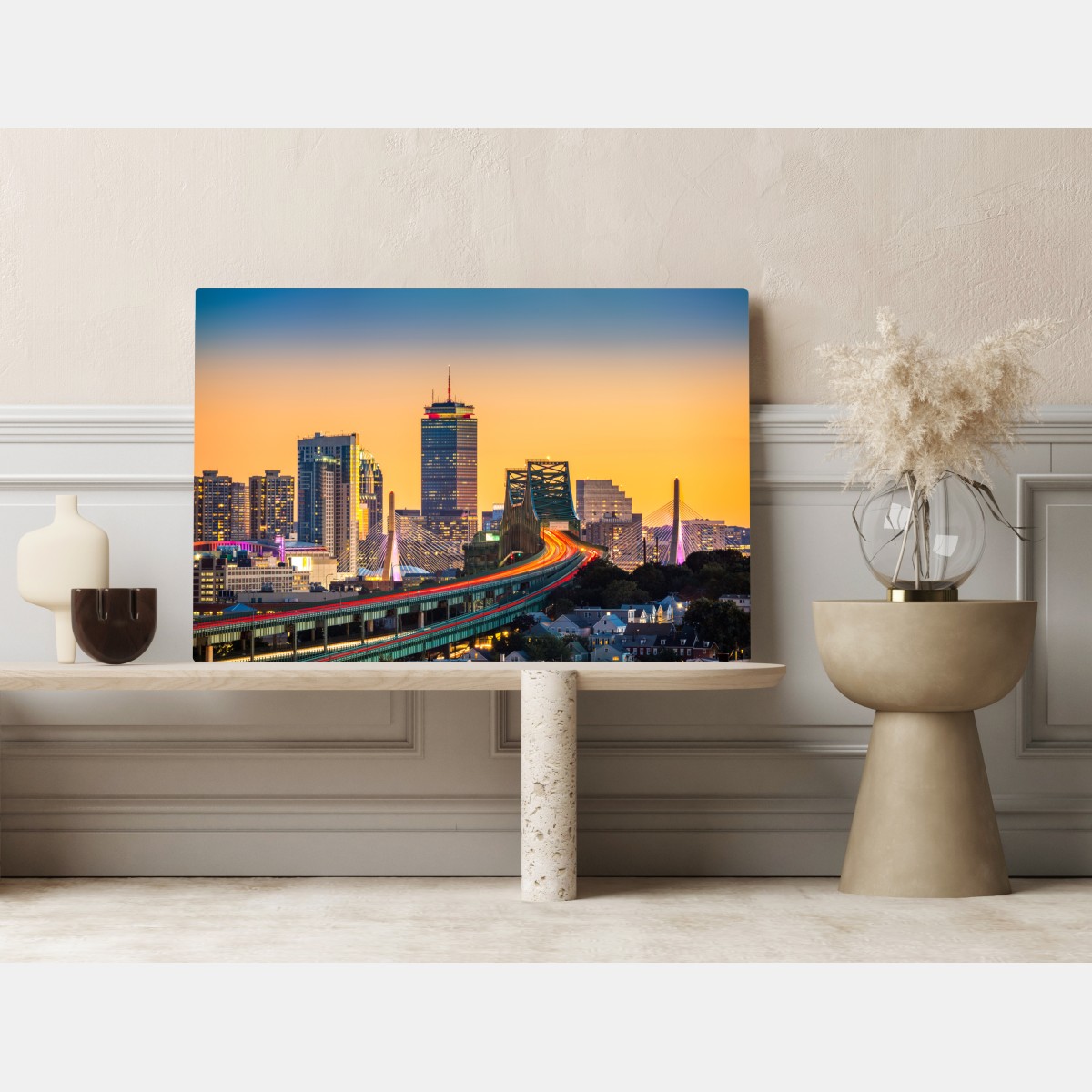 Obraz na płótnie panorama Bostonu o zachodzie słońca z mostami Zakim i Tobin – Wallissimo® Obraz na płótnie panorama Bostonu o zachodzie słońca z mostami Zakim i Tobin – Wallissimo®