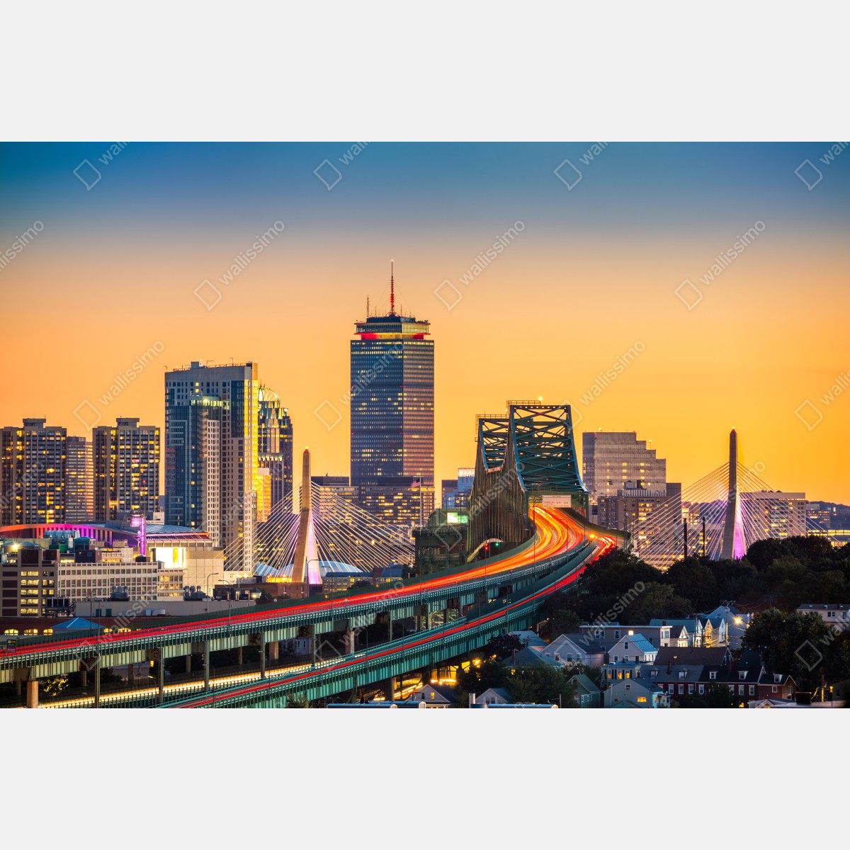 Obraz na płótnie panorama Bostonu o zachodzie słońca z mostami Zakim i Tobin – Wallissimo® Obraz na płótnie panorama Bostonu o zachodzie słońca z mostami Zakim i Tobin – Wallissimo®