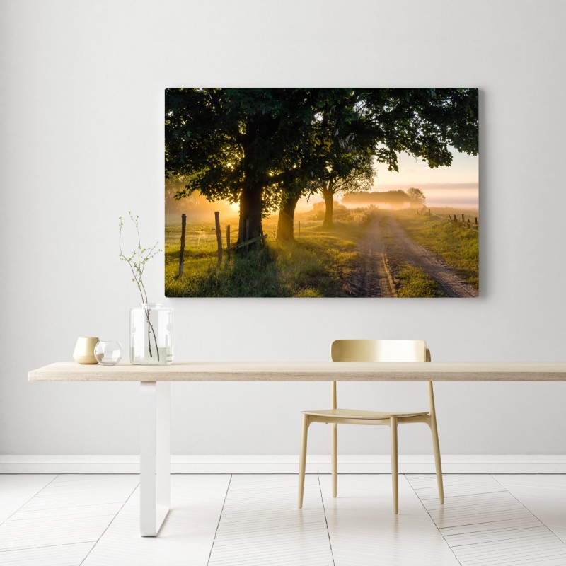 Obraz na płótnie słoneczna wiejska droga o świcie – Wallissimo® Obraz na płótnie słoneczna wiejska droga o świcie – Wallissimo®