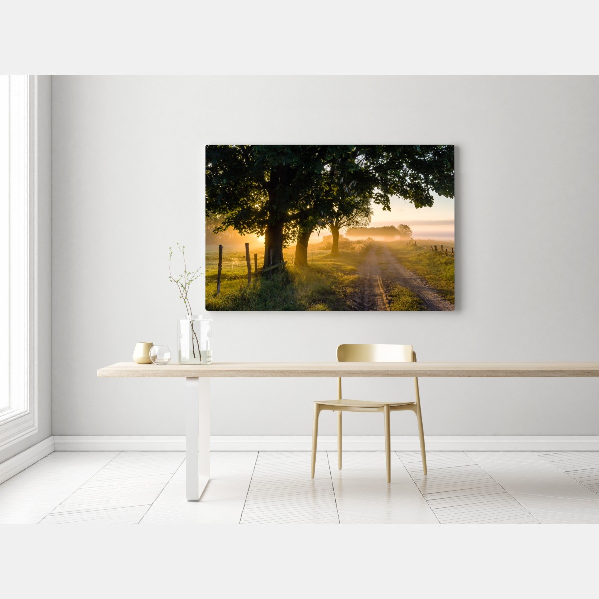 Obraz na płótnie słoneczna wiejska droga o świcie – Wallissimo® Obraz na płótnie słoneczna wiejska droga o świcie – Wallissimo®