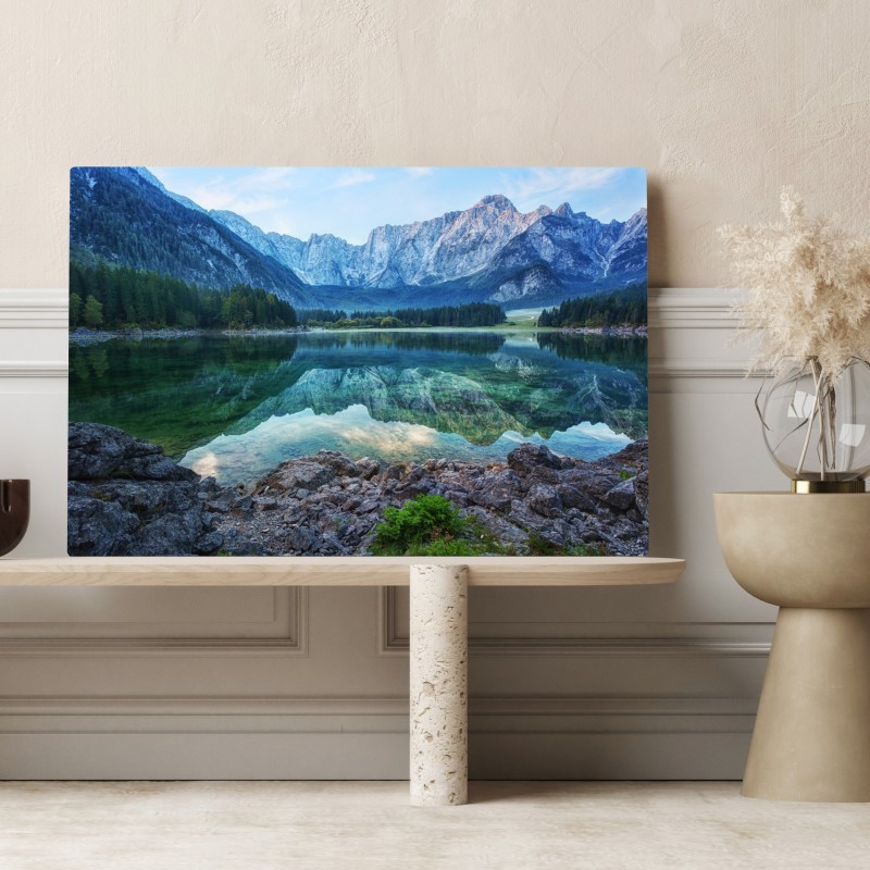 Obraz na płótnie wczesny poranek nad Jeziorem Fusine, Alpy Julijskie – Wallissimo® Obraz na płótnie wczesny poranek nad Jeziorem Fusine, Alpy Julijskie – Wallissimo®