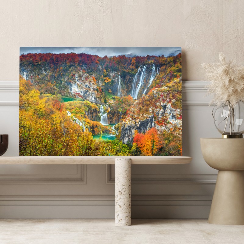 Obraz na płótnie jesienne wodospady w malowniczym lesie – Wallissimo® Obraz na płótnie jesienne wodospady w malowniczym lesie – Wallissimo®