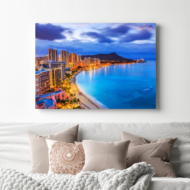 Obraz na płótnie panorama Waikiki i Diamond Head o zmierzchu – Wallissimo® Obraz na płótnie panorama Waikiki i Diamond Head o zmierzchu – Wallissimo®