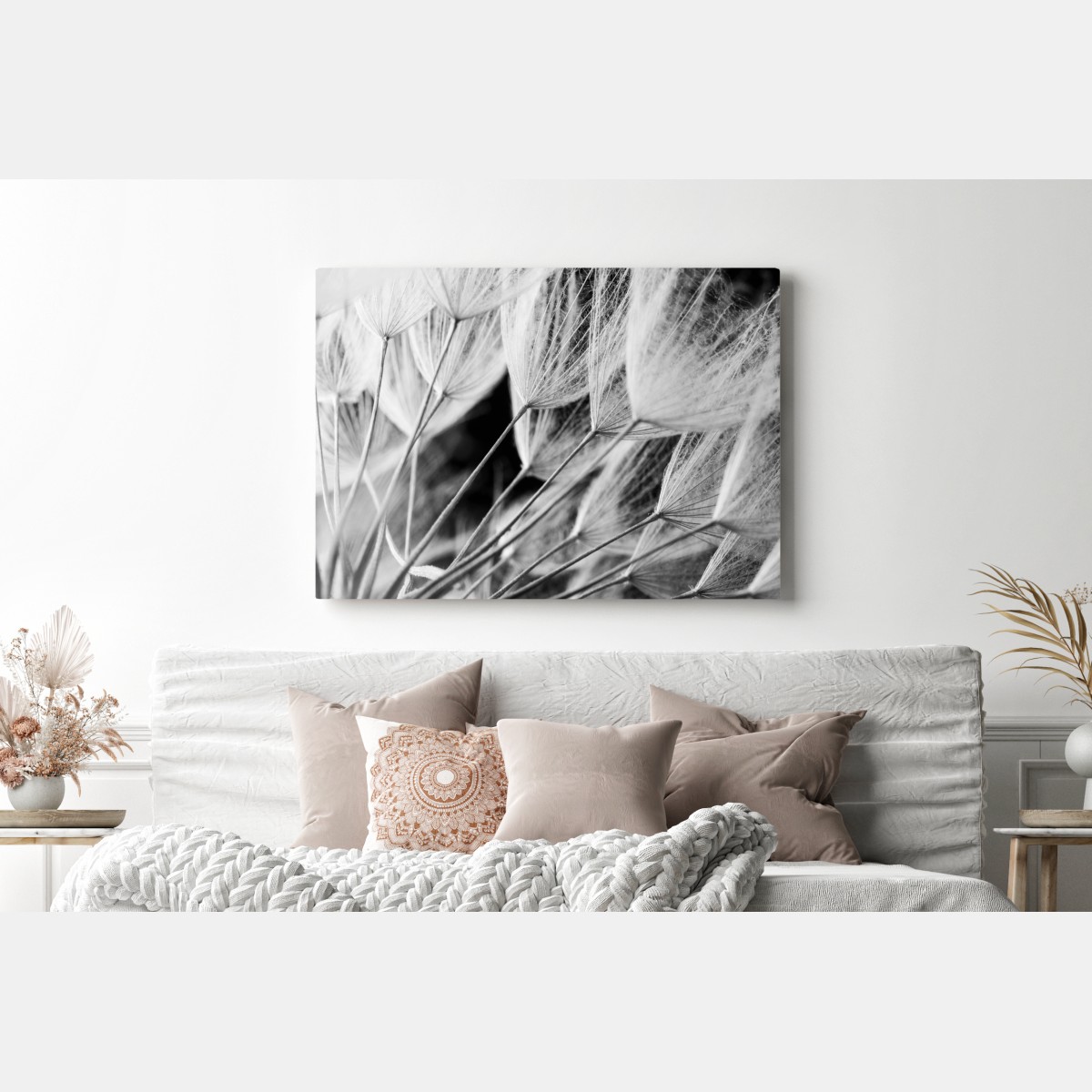 Obraz na płótnie delikatne zbliżenie nasion dmuchawca czarno-białe – Wallissimo® Obraz na płótnie delikatne zbliżenie nasion dmuchawca czarno-białe – Wallissimo®