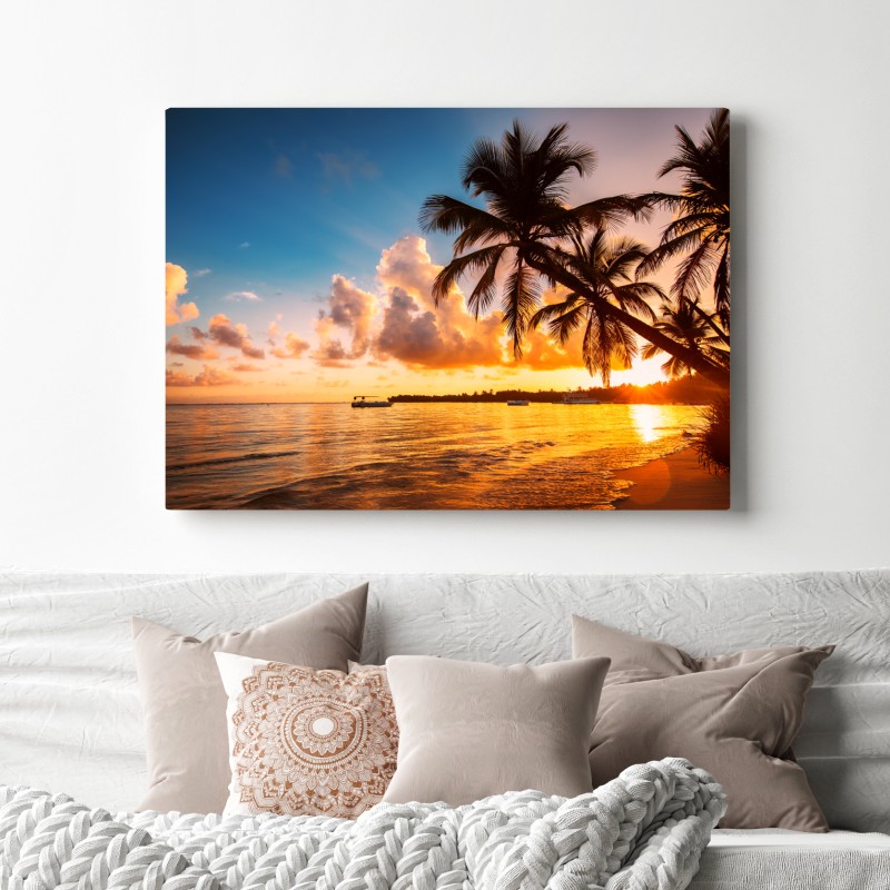 Obraz na płótnie tropikalny zachód słońca z sylwetkami palm, Dominikana – Wallissimo® Obraz na płótnie tropikalny zachód słońca z sylwetkami palm, Dominikana – Wallissimo®