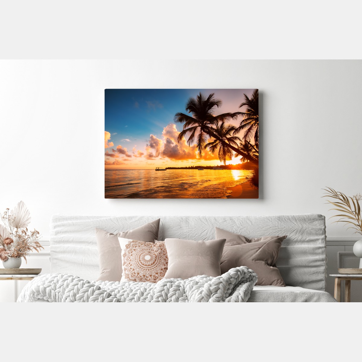 Obraz na płótnie tropikalny zachód słońca z sylwetkami palm, Dominikana – Wallissimo® Obraz na płótnie tropikalny zachód słońca z sylwetkami palm, Dominikana – Wallissimo®