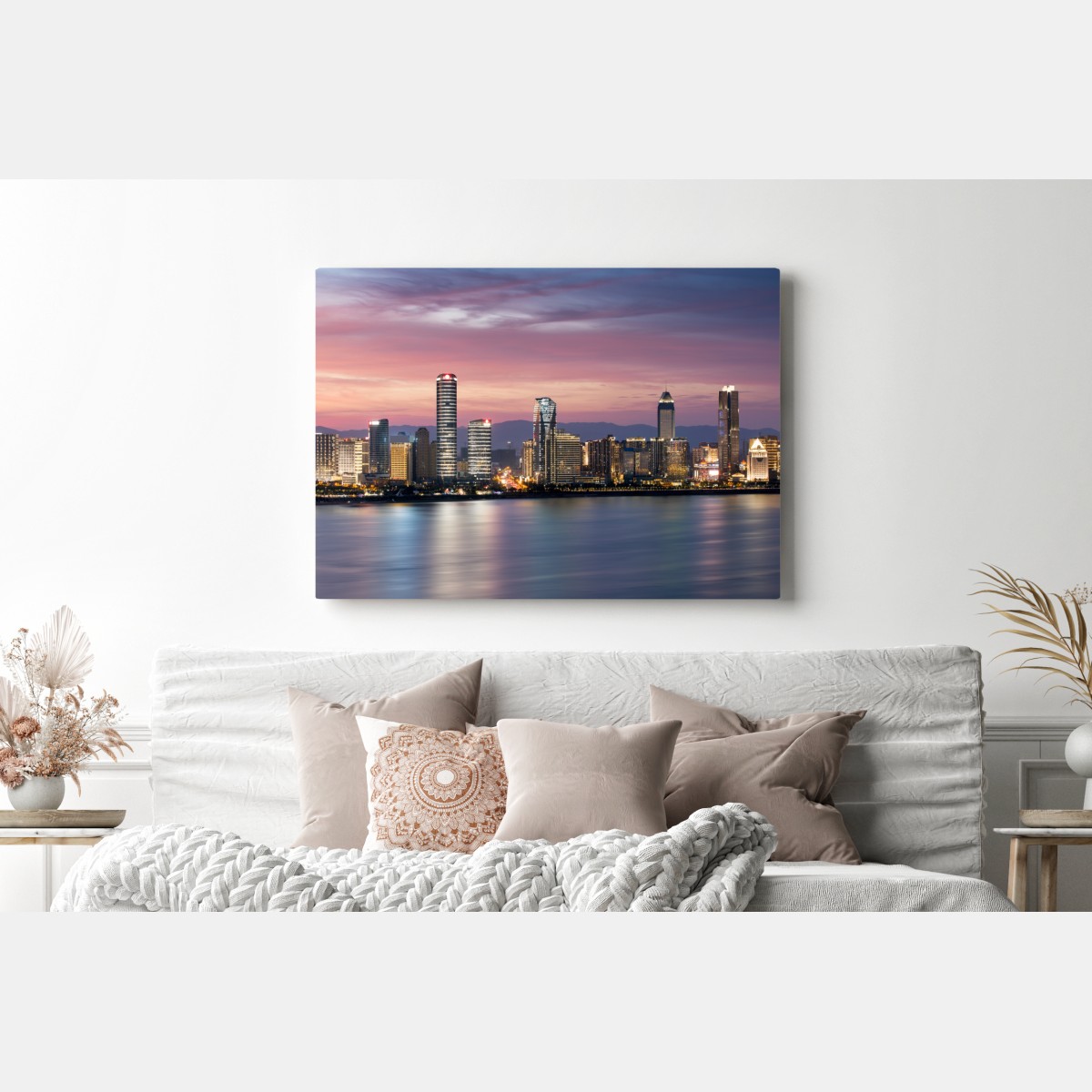 Obraz na płótnie spokojna panorama miasta o zmierzchu – Wallissimo® Obraz na płótnie spokojna panorama miasta o zmierzchu – Wallissimo®