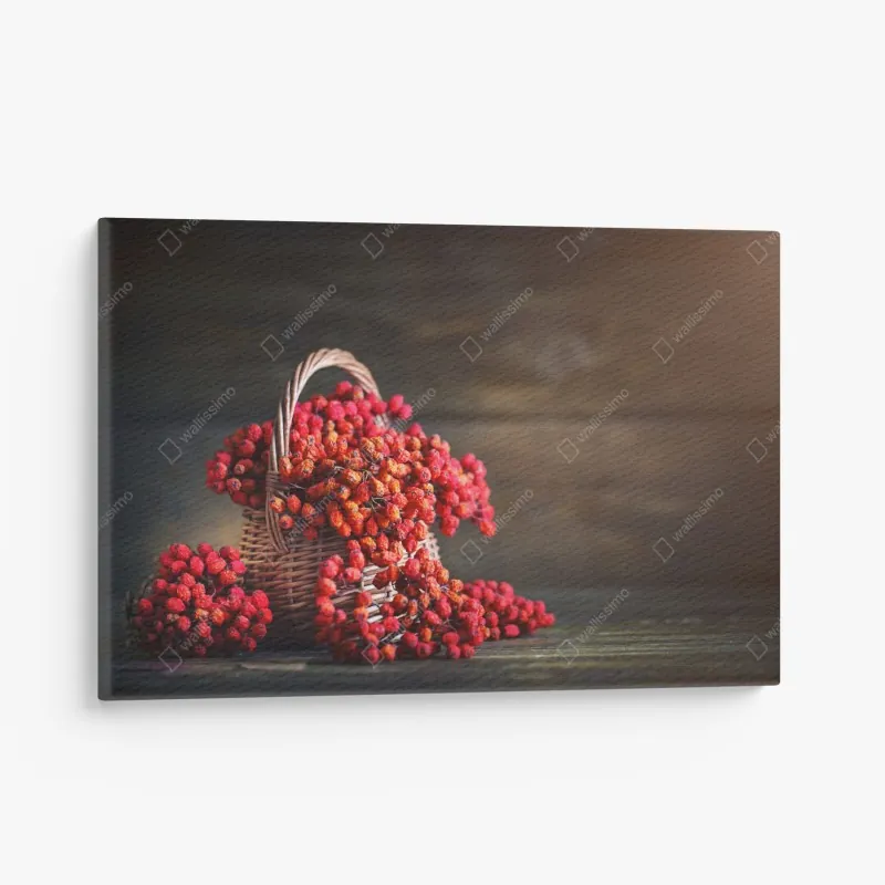 Obraz na płótnie jesienna jarzębina w wiklinowym koszu