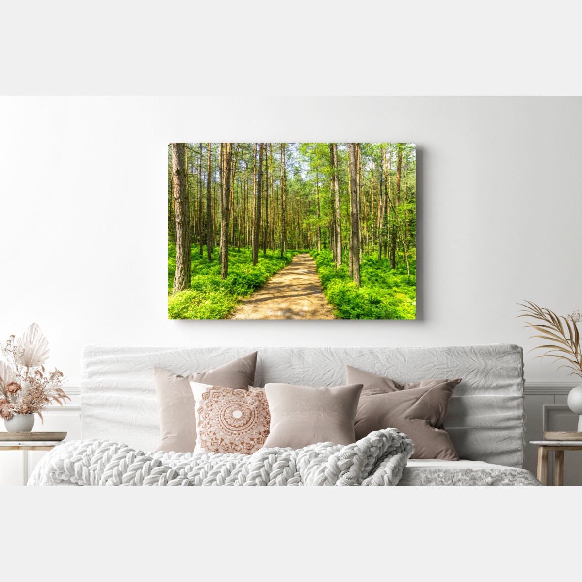 Obraz na płótnie słoneczna leśna ścieżka wśród sosen – Wallissimo® Obraz na płótnie słoneczna leśna ścieżka wśród sosen – Wallissimo®