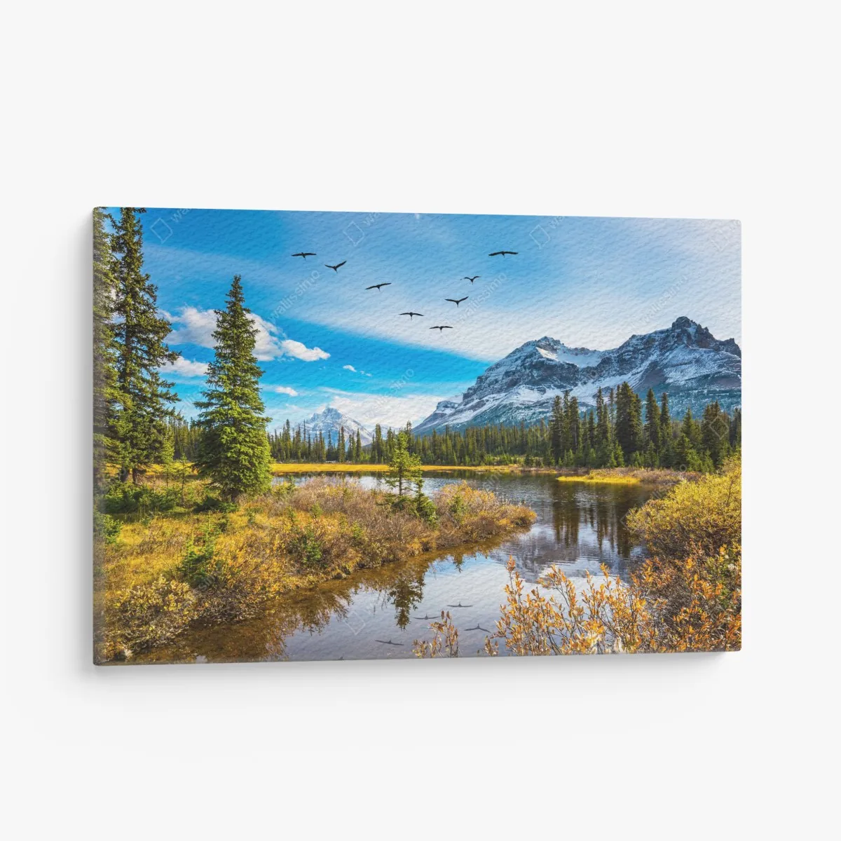Obraz na płótnie jesienne jezioro górskie z ptakami – Wallissimo® Obraz na płótnie jesienne jezioro górskie z ptakami – Wallissimo®