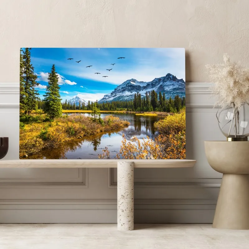 Obraz na płótnie jesienne jezioro górskie z ptakami – Wallissimo® Obraz na płótnie jesienne jezioro górskie z ptakami – Wallissimo®