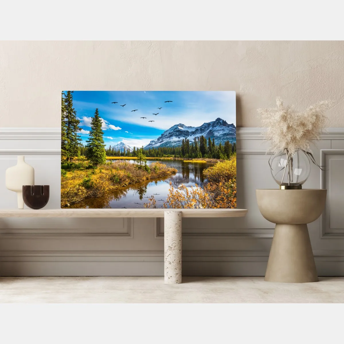Obraz na płótnie jesienne jezioro górskie z ptakami – Wallissimo® Obraz na płótnie jesienne jezioro górskie z ptakami – Wallissimo®