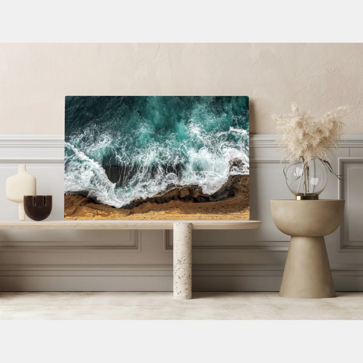 Obraz na płótnie turkusowe wybrzeże z lotu ptaka z rozbijającymi się falami – Wallissimo® Obraz na płótnie turkusowe wybrzeże z lotu ptaka z rozbijającymi się falami – Wallissimo®
