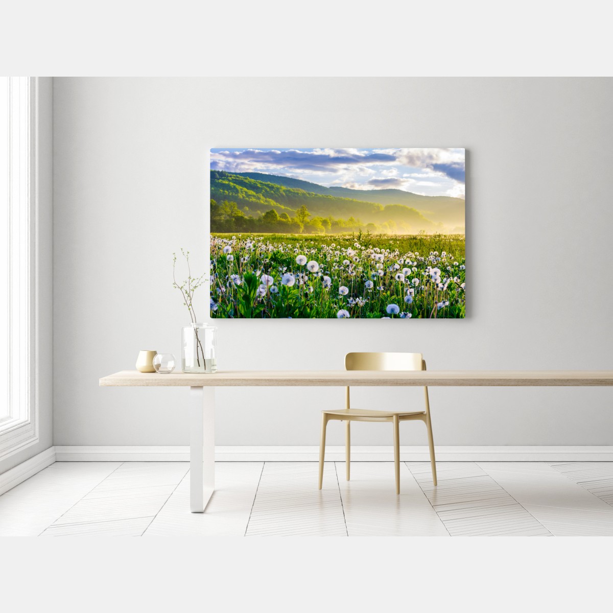 Obraz na płótnie mglista łąka mleczy o wschodzie słońca – Wallissimo® Obraz na płótnie mglista łąka mleczy o wschodzie słońca – Wallissimo®