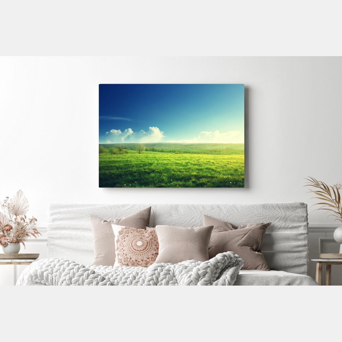 Obraz na płótnie słoneczna wiosenna łąka o zachodzie słońca – Wallissimo® Obraz na płótnie słoneczna wiosenna łąka o zachodzie słońca – Wallissimo®