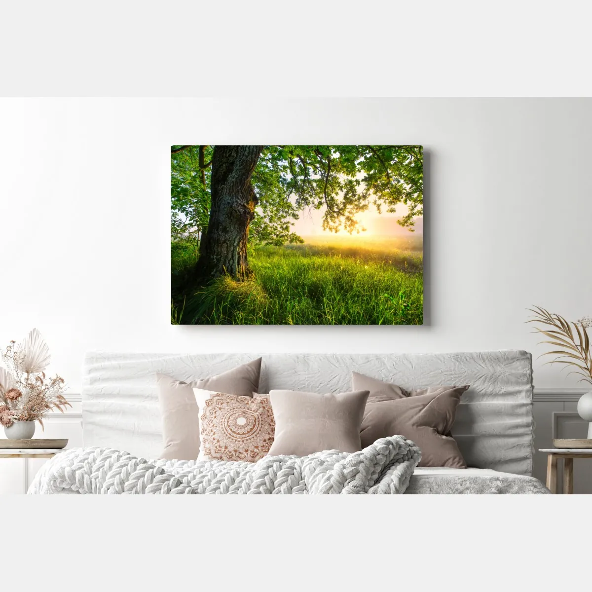 Obraz na płótnie poranny dąb na rozświetlonej łące – Wallissimo® Obraz na płótnie poranny dąb na rozświetlonej łące – Wallissimo®
