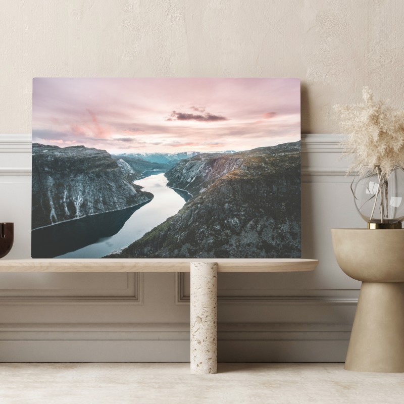 Obraz na płótnie spokojny fiord o zachodzie słońca – Wallissimo® Obraz na płótnie spokojny fiord o zachodzie słońca – Wallissimo®