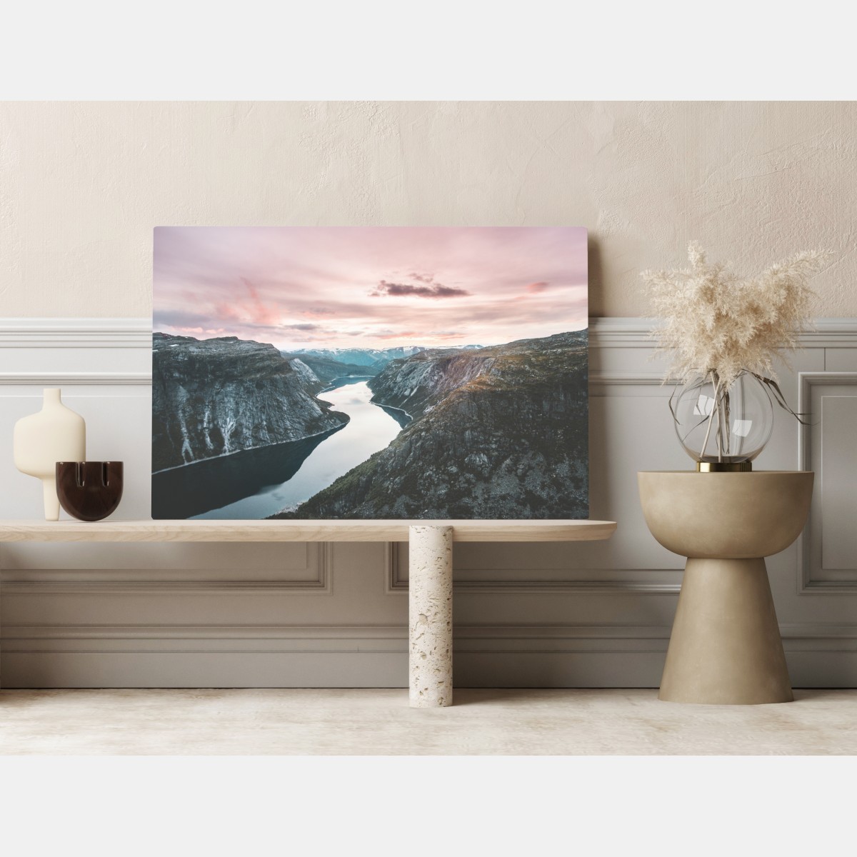 Obraz na płótnie spokojny fiord o zachodzie słońca – Wallissimo® Obraz na płótnie spokojny fiord o zachodzie słońca – Wallissimo®