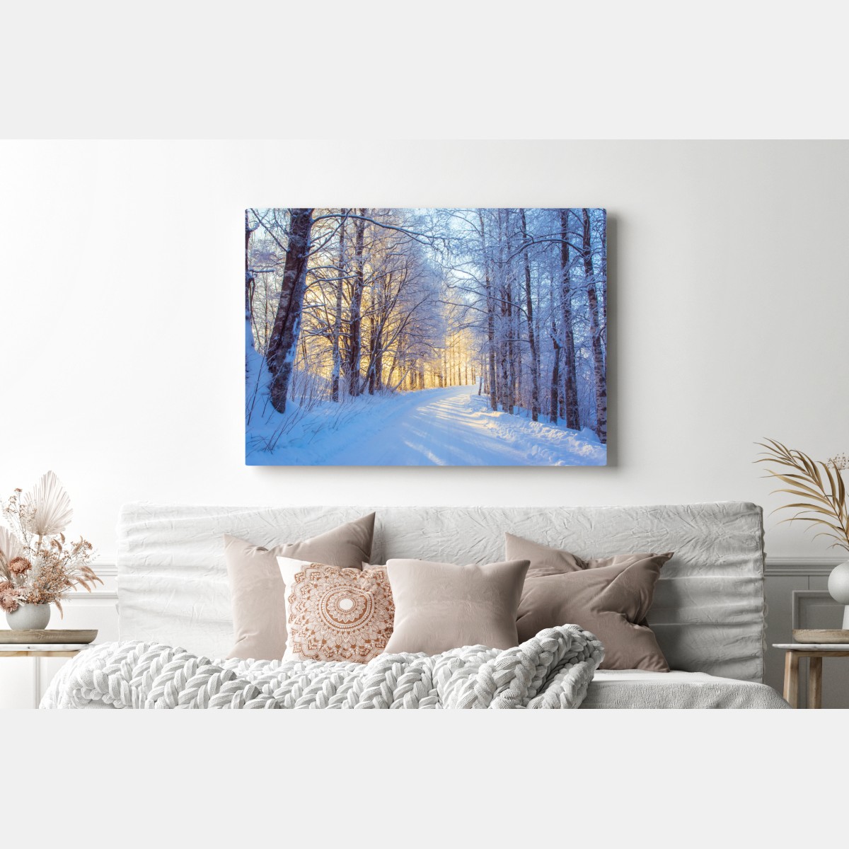 Obraz na płótnie zimowy las brzozowy ze złotym świtem – Wallissimo® Obraz na płótnie zimowy las brzozowy ze złotym świtem – Wallissimo®