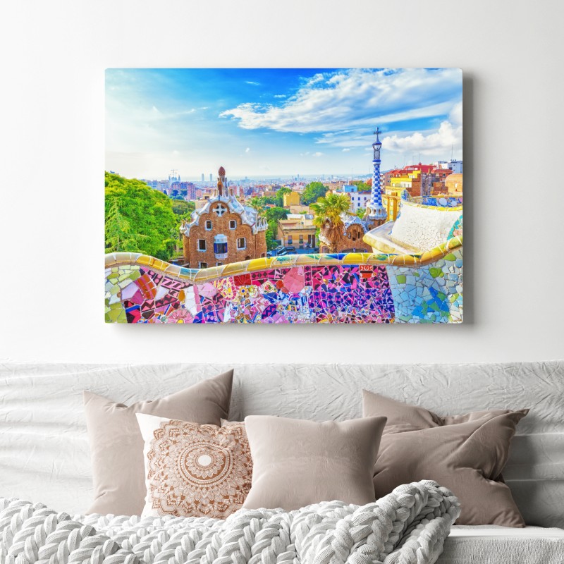Obraz na płótnie żywa Barcelona Park Güell mozaikowa panorama – Wallissimo® Obraz na płótnie żywa Barcelona Park Güell mozaikowa panorama – Wallissimo®