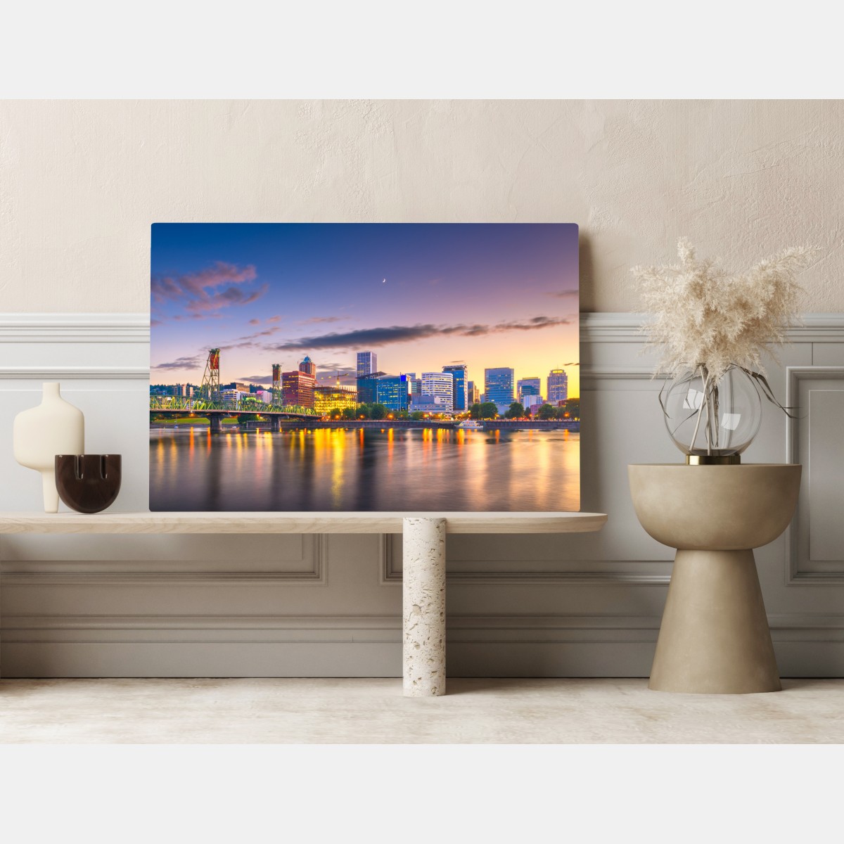 Obraz na płótnie Portland panorama miasta o zmierzchu nad rzeką Willamette – Wallissimo® Obraz na płótnie Portland panorama miasta o zmierzchu nad rzeką Willamette – Wallissimo®