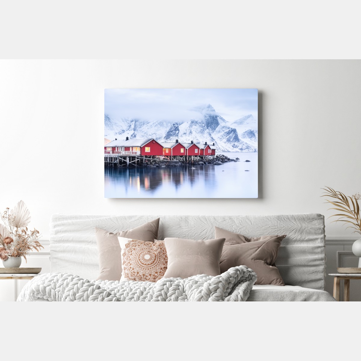Obraz na płótnie wschód słońca nad Lofotami i czerwonymi domkami – Wallissimo® Obraz na płótnie wschód słońca nad Lofotami i czerwonymi domkami – Wallissimo®