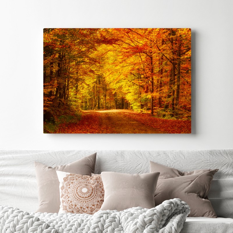 Obraz na płótnie złota jesienna ścieżka w lesie – Wallissimo® Obraz na płótnie złota jesienna ścieżka w lesie – Wallissimo®