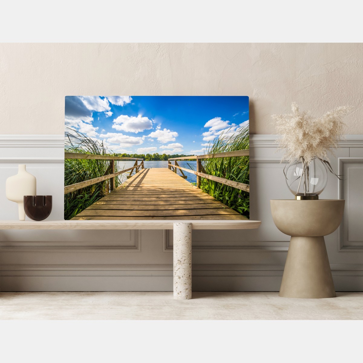 Obraz na płótnie słoneczny pomost nad jeziorem – Wallissimo® Obraz na płótnie słoneczny pomost nad jeziorem – Wallissimo®
