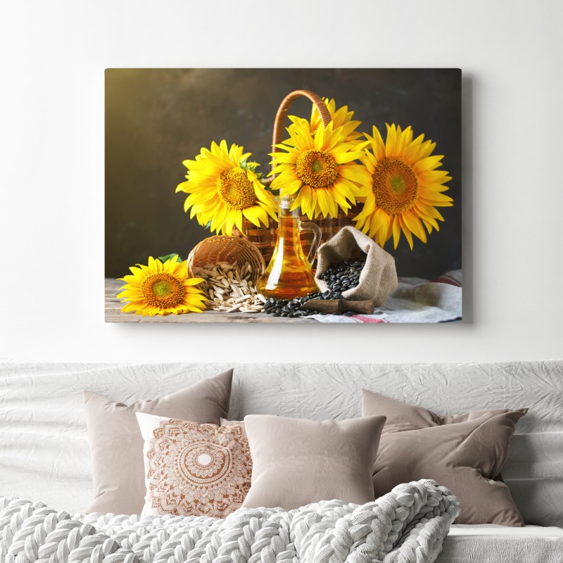 Obraz na płótnie jasna martwa natura ze słonecznikami, ziarnami i olejem – Wallissimo® Obraz na płótnie jasna martwa natura ze słonecznikami, ziarnami i olejem – Wallissimo®