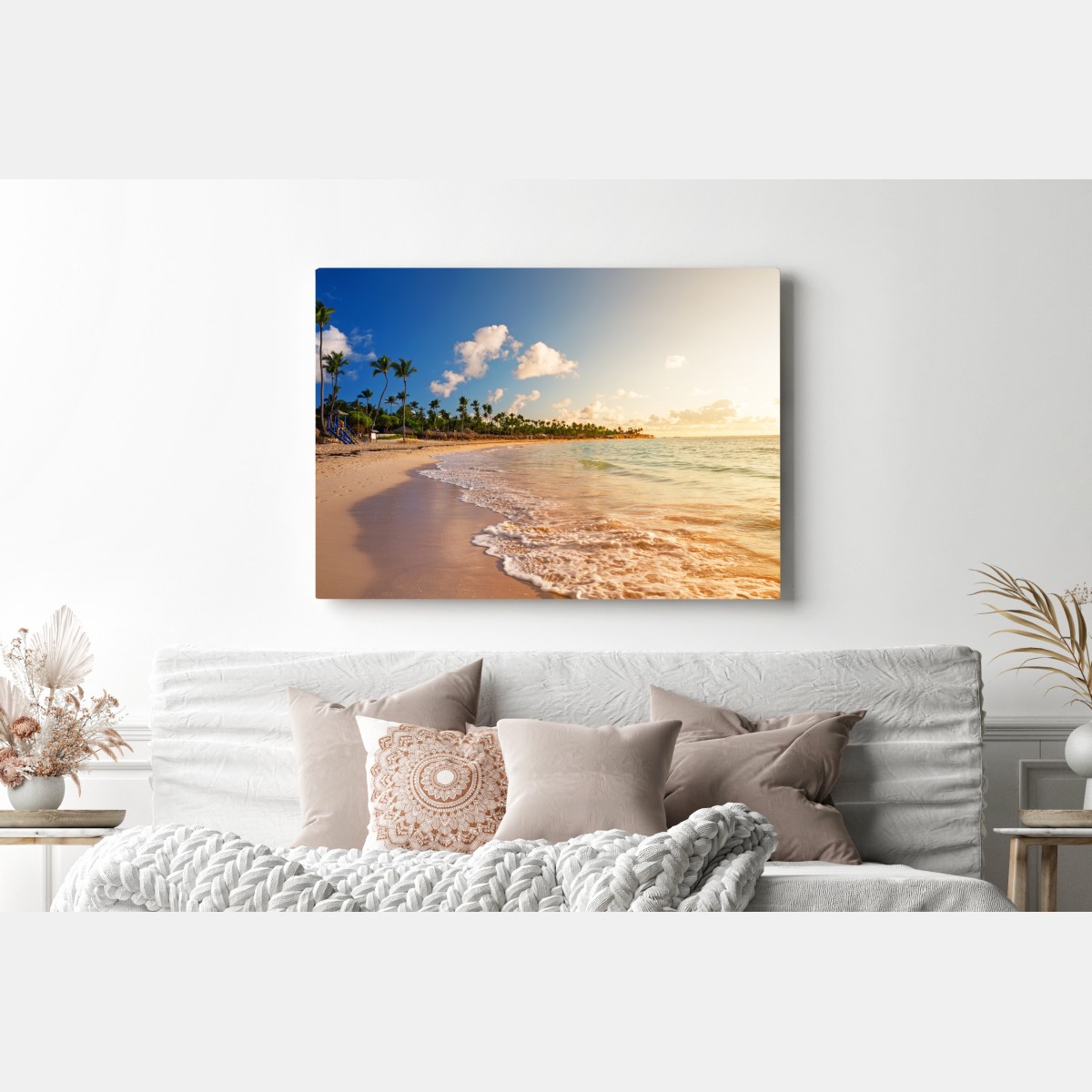 Obraz na płótnie tropikalny zachód słońca na plaży z sylwetkami palm – Wallissimo® Obraz na płótnie tropikalny zachód słońca na plaży z sylwetkami palm – Wallissimo®