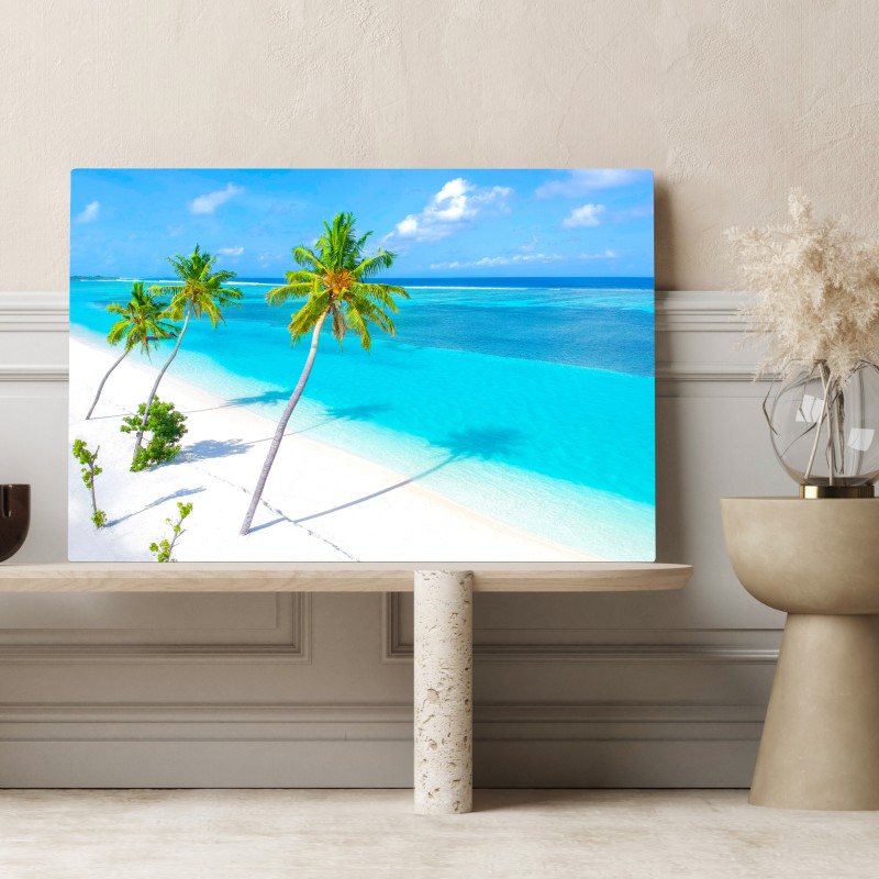 Obraz na płótnie tropikalna turkusowa plaża z palmami – Wallissimo® Obraz na płótnie tropikalna turkusowa plaża z palmami – Wallissimo®
