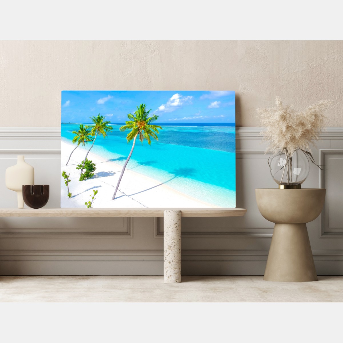 Obraz na płótnie tropikalna turkusowa plaża z palmami – Wallissimo® Obraz na płótnie tropikalna turkusowa plaża z palmami – Wallissimo®