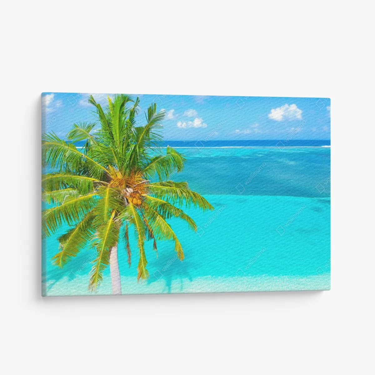 Obraz na płótnie tropikalna turkusowa plaża z palmą – Wallissimo® Obraz na płótnie tropikalna turkusowa plaża z palmą – Wallissimo®