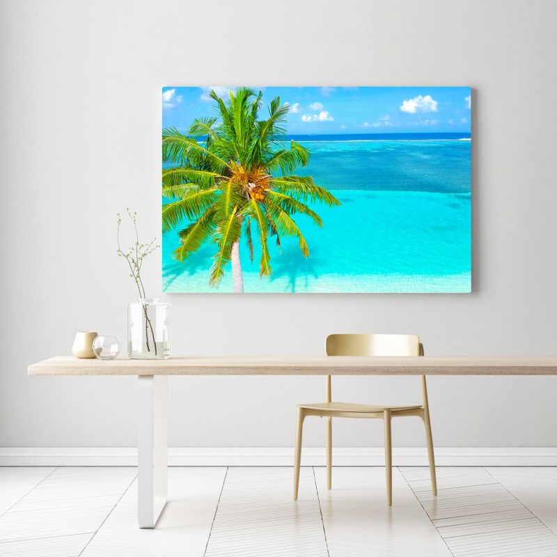 Obraz na płótnie tropikalna turkusowa plaża z palmą – Wallissimo® Obraz na płótnie tropikalna turkusowa plaża z palmą – Wallissimo®