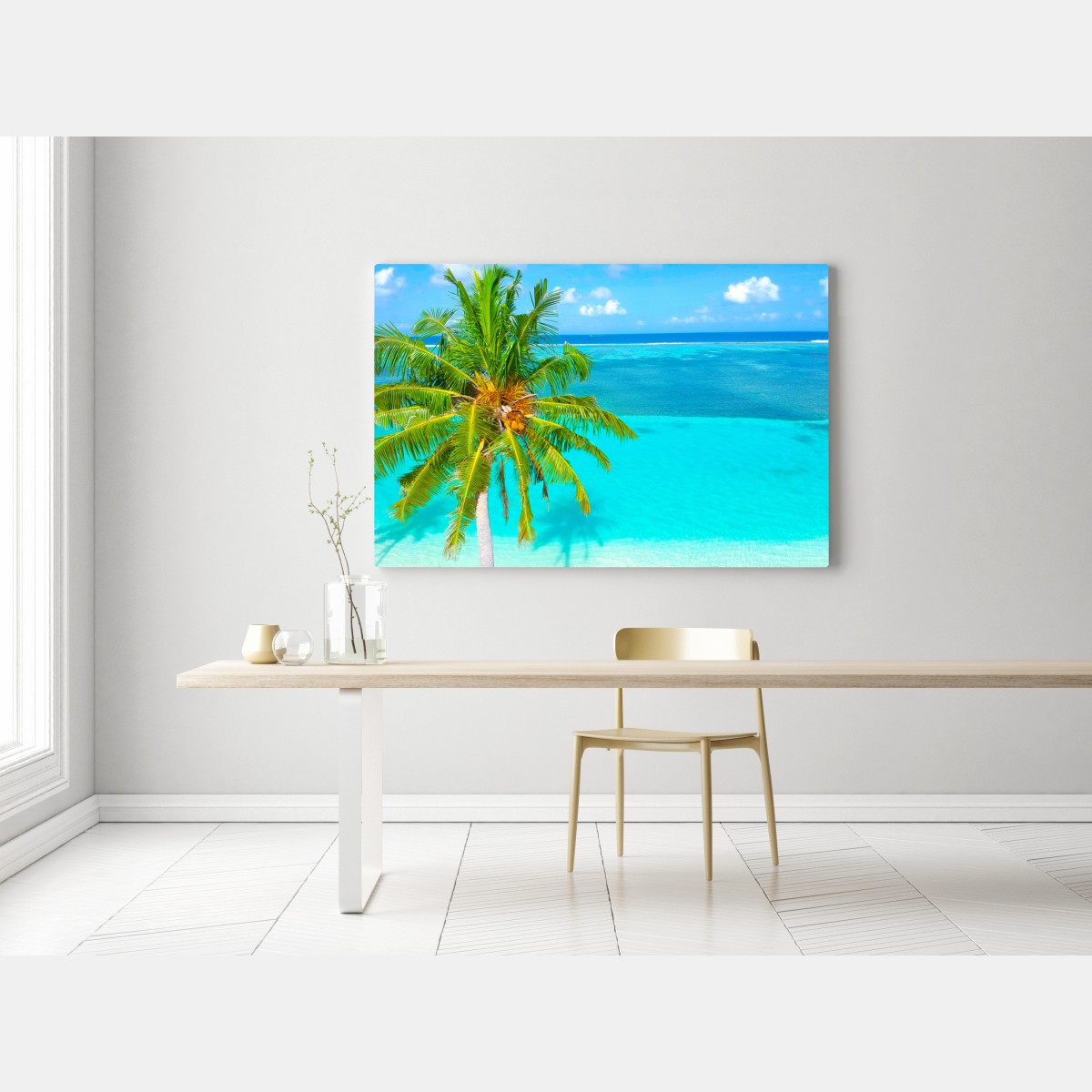 Obraz na płótnie tropikalna turkusowa plaża z palmą – Wallissimo® Obraz na płótnie tropikalna turkusowa plaża z palmą – Wallissimo®