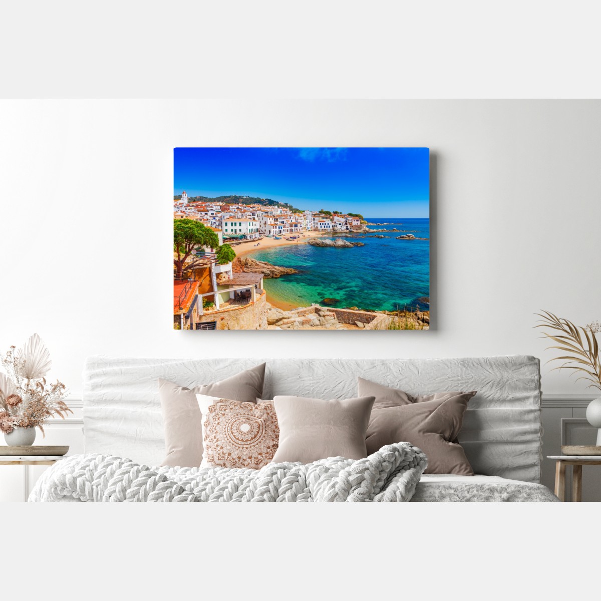 Obraz na płótnie słoneczna śródziemnomorska wioska nad morzem – Wallissimo® Obraz na płótnie słoneczna śródziemnomorska wioska nad morzem – Wallissimo®
