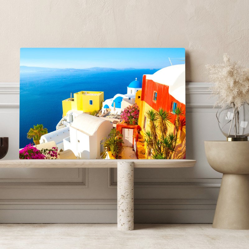 Obraz na płótnie słoneczna Santorini nadmorska wioska – Wallissimo® Obraz na płótnie słoneczna Santorini nadmorska wioska – Wallissimo®