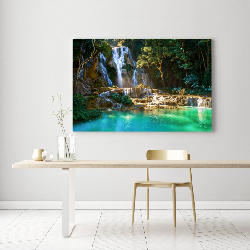 Obraz na płótnie turkusowy wodospad w bujnym lesie – Wallissimo® Obraz na płótnie turkusowy wodospad w bujnym lesie – Wallissimo®