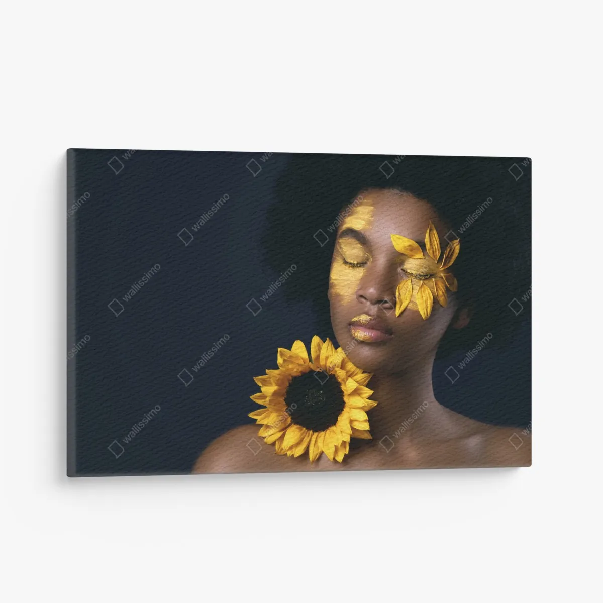 Obraz na płótnie słonecznikowa muza: portret z płatkami słonecznika – Wallissimo® Obraz na płótnie słonecznikowa muza: portret z płatkami słonecznika – Wallissimo®