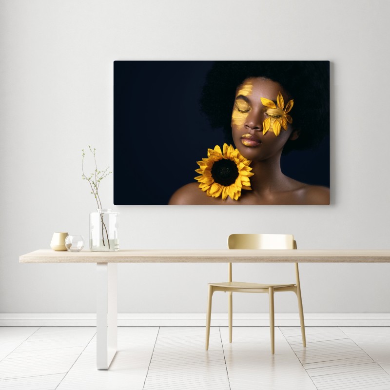 Obraz na płótnie słonecznikowa muza: portret z płatkami słonecznika – Wallissimo® Obraz na płótnie słonecznikowa muza: portret z płatkami słonecznika – Wallissimo®