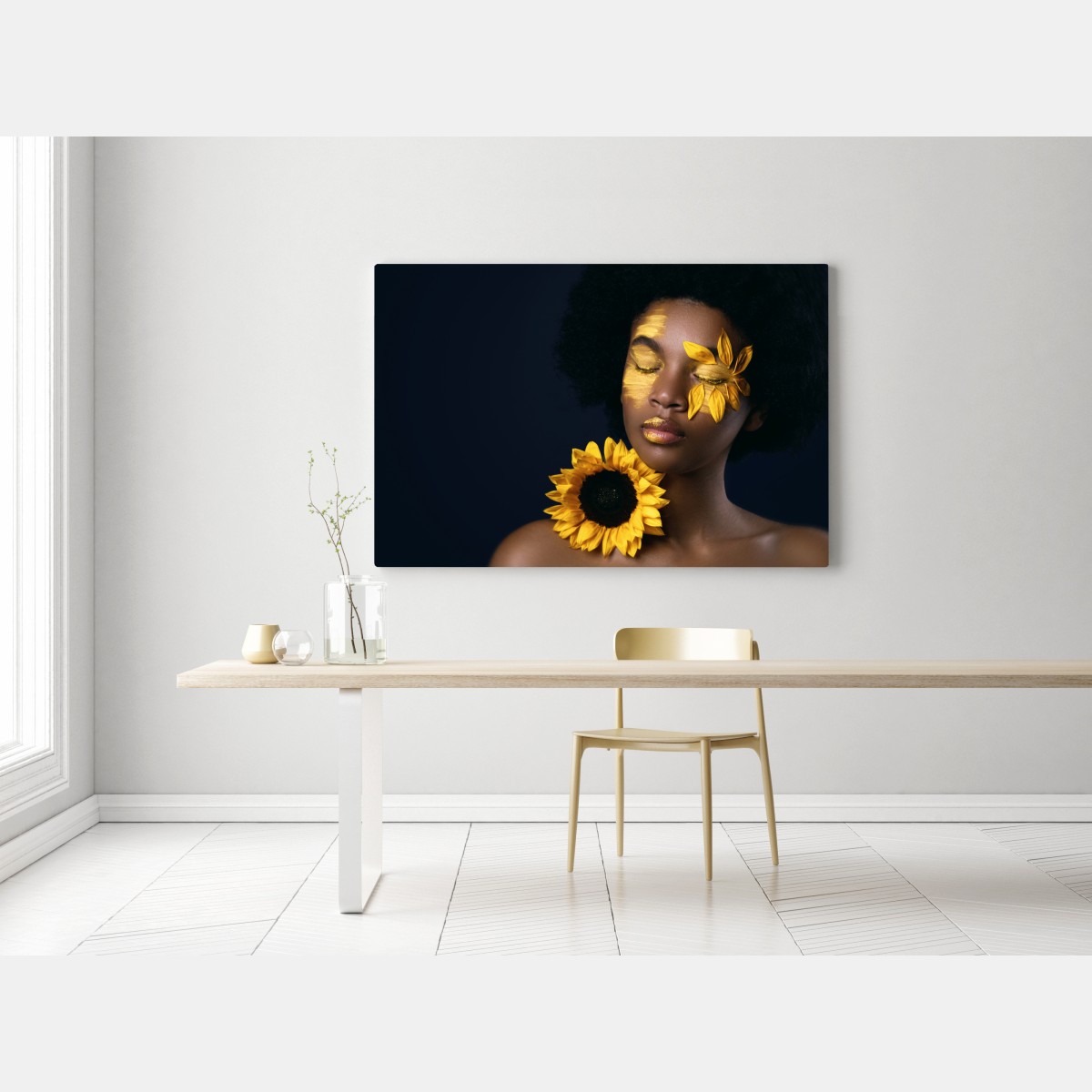 Obraz na płótnie słonecznikowa muza: portret z płatkami słonecznika – Wallissimo® Obraz na płótnie słonecznikowa muza: portret z płatkami słonecznika – Wallissimo®