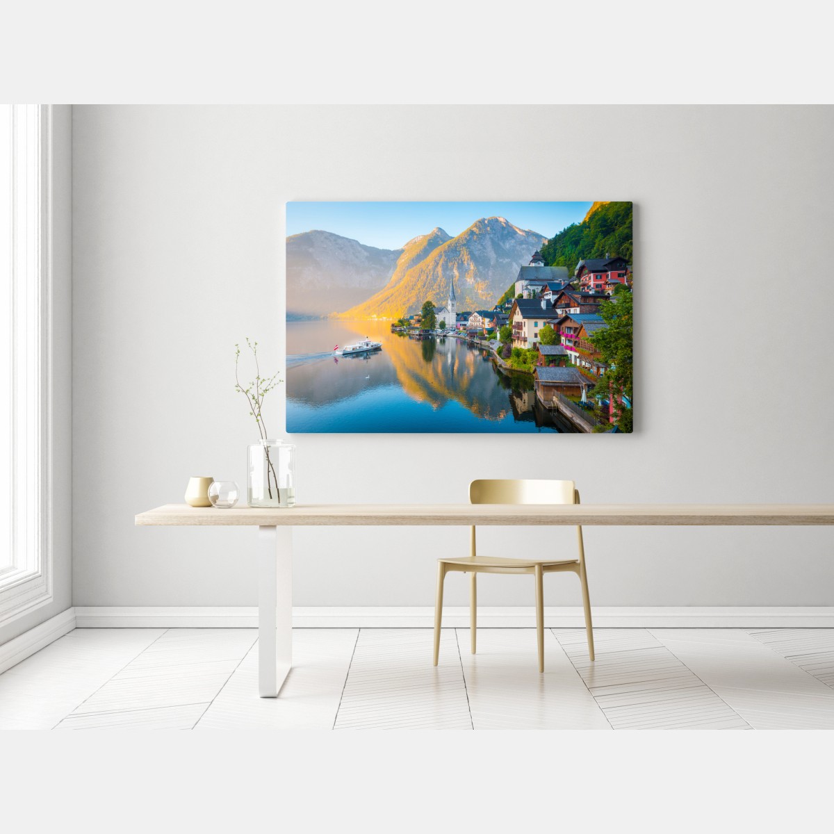 Obraz na płótnie poranny blask Hallstatt nad jeziorem – Wallissimo® Obraz na płótnie poranny blask Hallstatt nad jeziorem – Wallissimo®