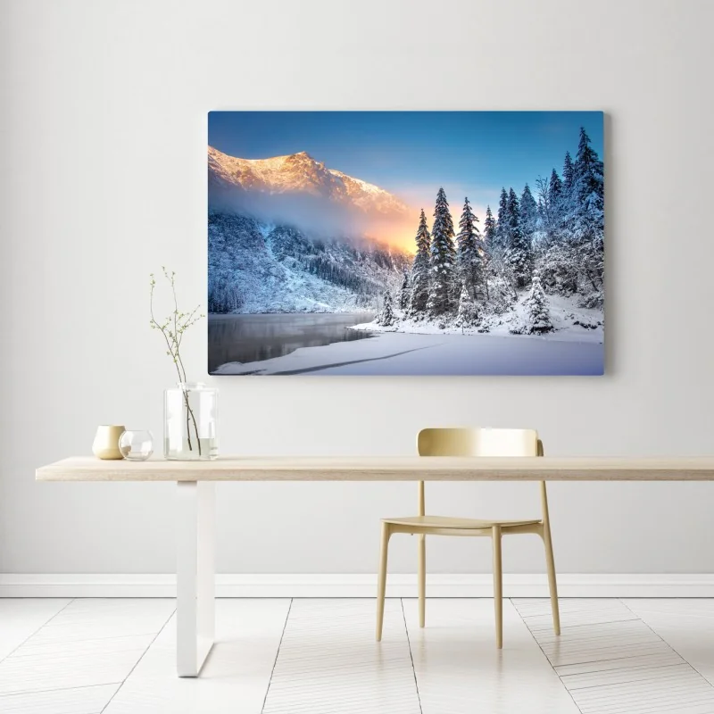 Obraz na płótnie zimowy wschód słońca nad Morskim Okiem – Wallissimo® Obraz na płótnie zimowy wschód słońca nad Morskim Okiem – Wallissimo®